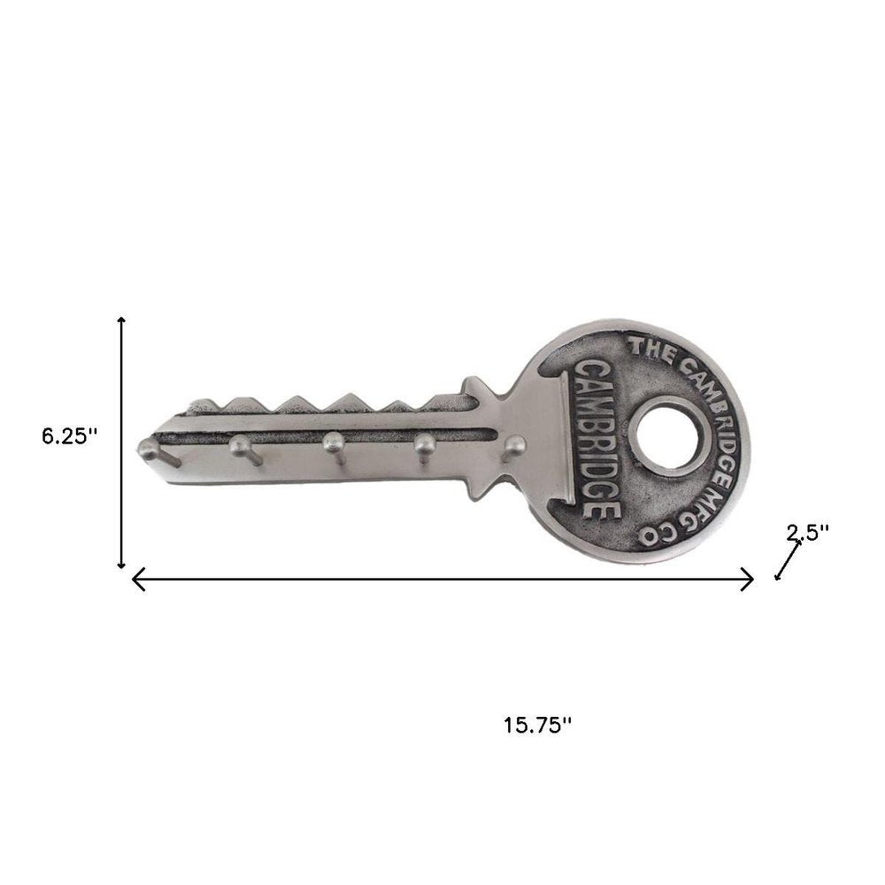 16" Silver Five Hook Wall Mount Key Shaped Coat Rack. Coat hanger isolated on a plain white background, finished in silver.