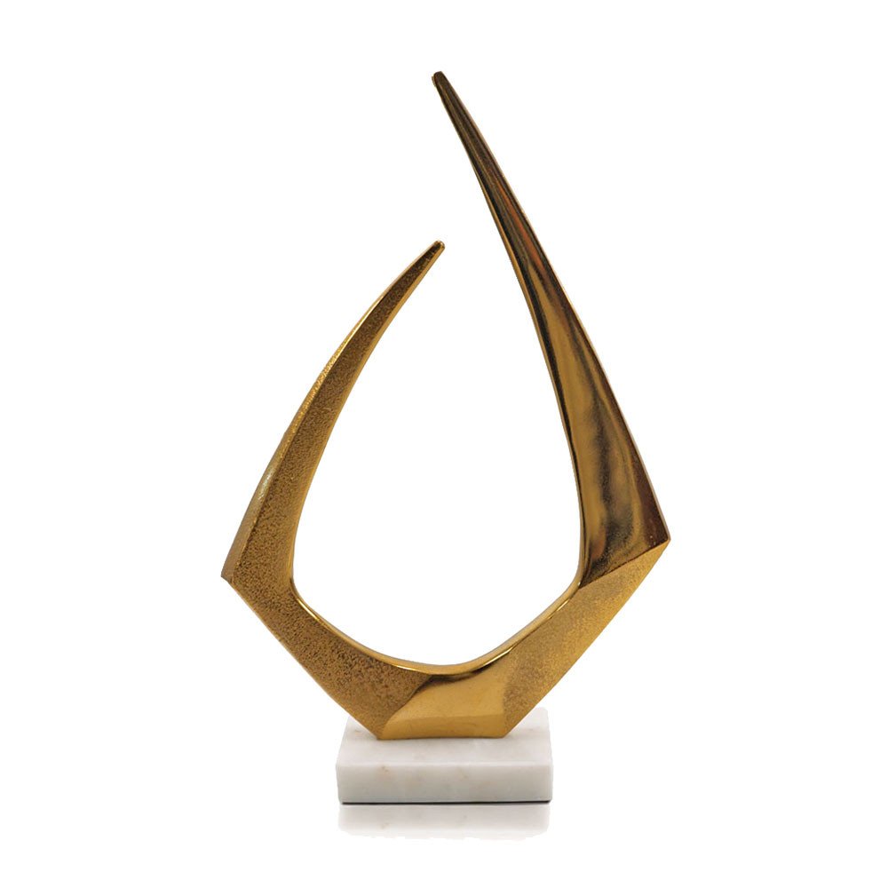 17" Gold And White Aluminum And Marble Abstract Tabletop Sculpture. Sculpture isolated on a plain white background, in a gold metal finish.