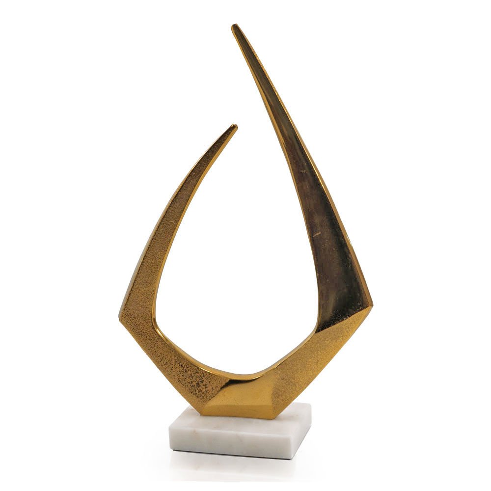 17" Gold And White Aluminum And Marble Abstract Tabletop Sculpture. Sculpture isolated on a plain white background, finished in gold metal.