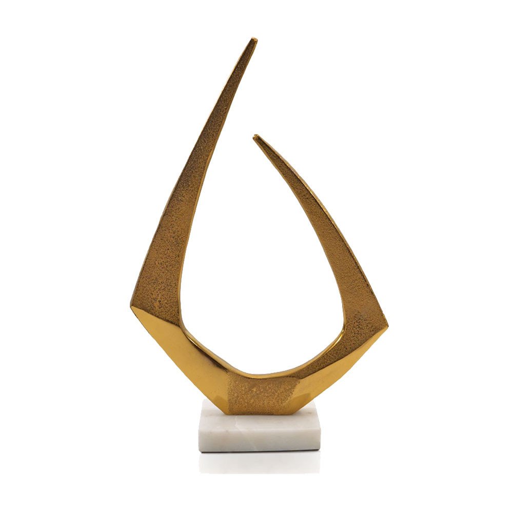 17" Gold And White Aluminum And Marble Abstract Tabletop Sculpture. Sculpture isolated on a plain white background, showing a gold metal surface.