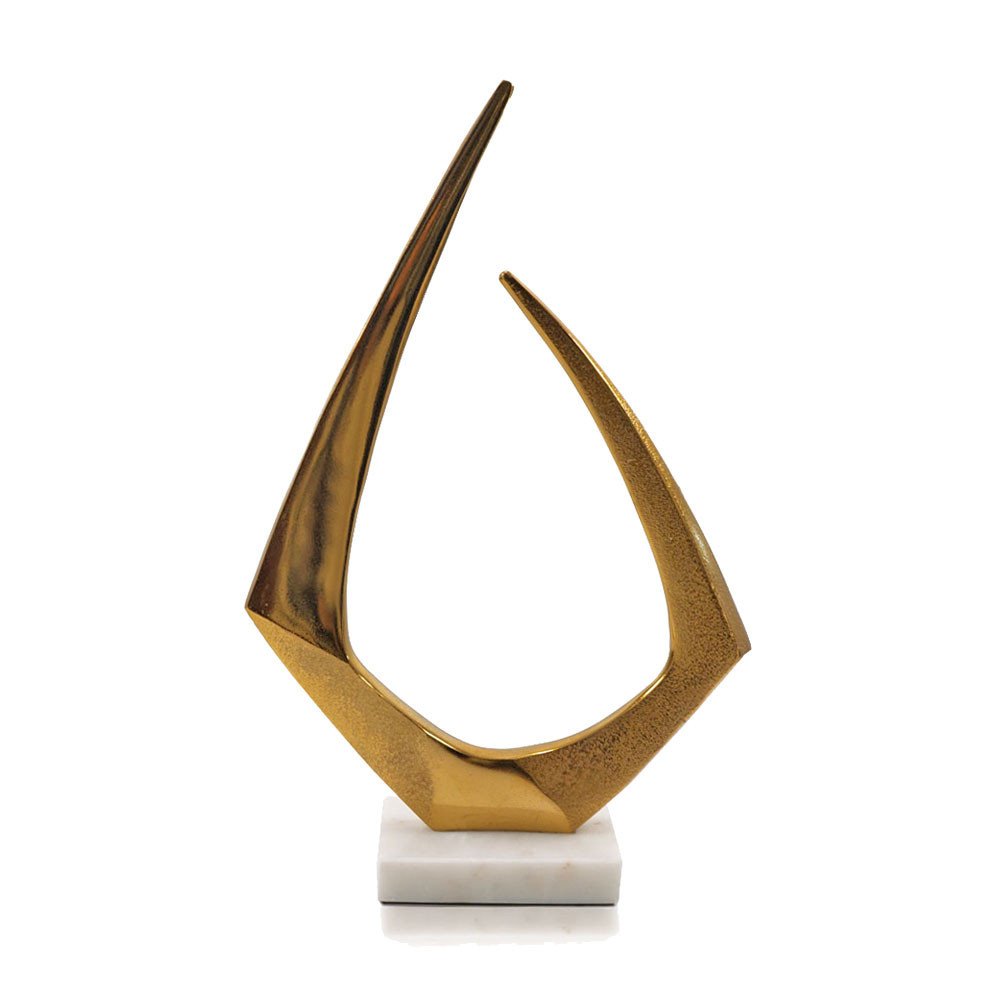 17" Gold And White Aluminum And Marble Abstract Tabletop Sculpture. Sculpture isolated on a plain white background, showing a gold metal surface.