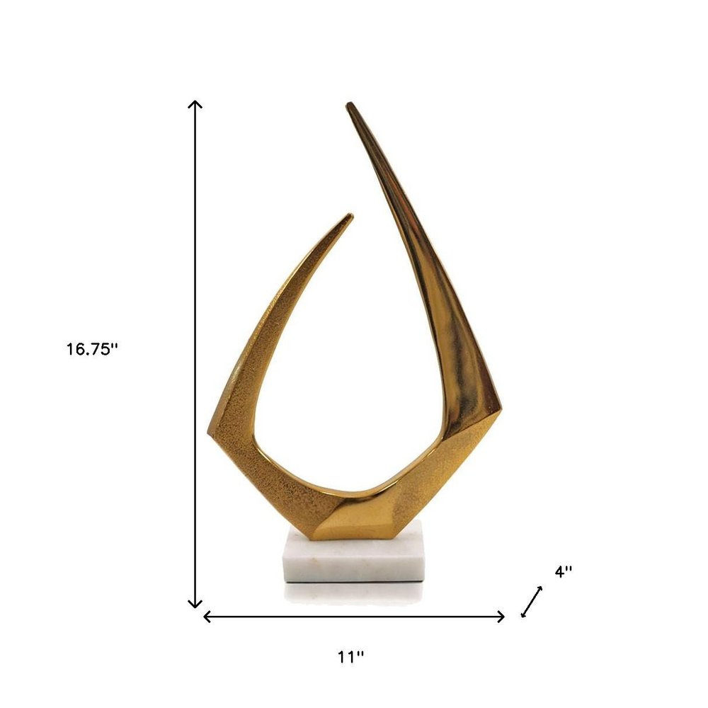 17" Gold And White Aluminum And Marble Abstract Tabletop Sculpture. Sculpture isolated on a plain white background, in a gold metal finish.