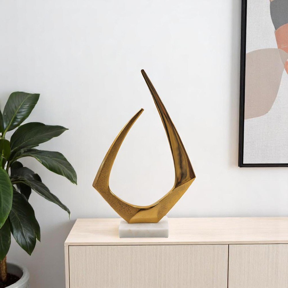 17" Gold And White Aluminum And Marble Abstract Tabletop Sculpture. Sculpture in white metal.