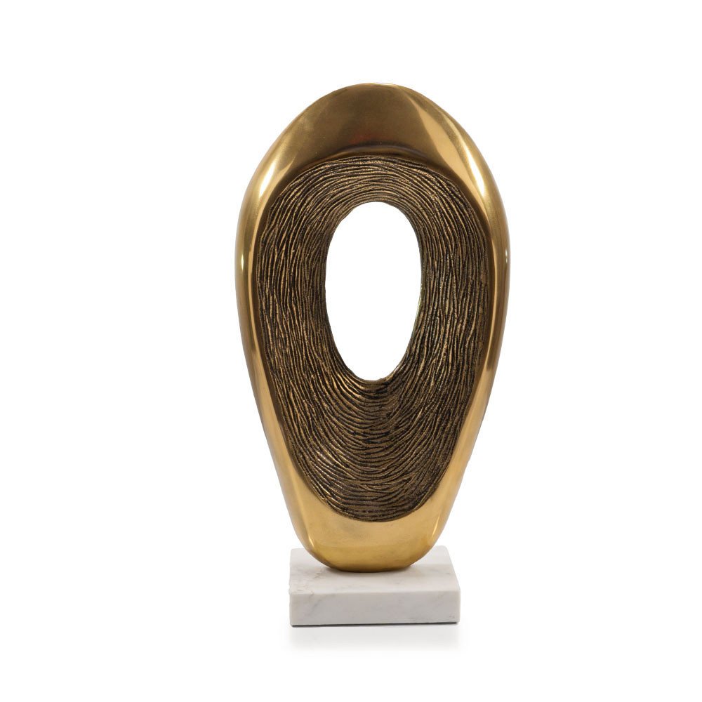 16" Gold And White Aluminum And Marble Abstract Tabletop Sculpture. Sculpture isolated on a plain white background, finished in gold metal.