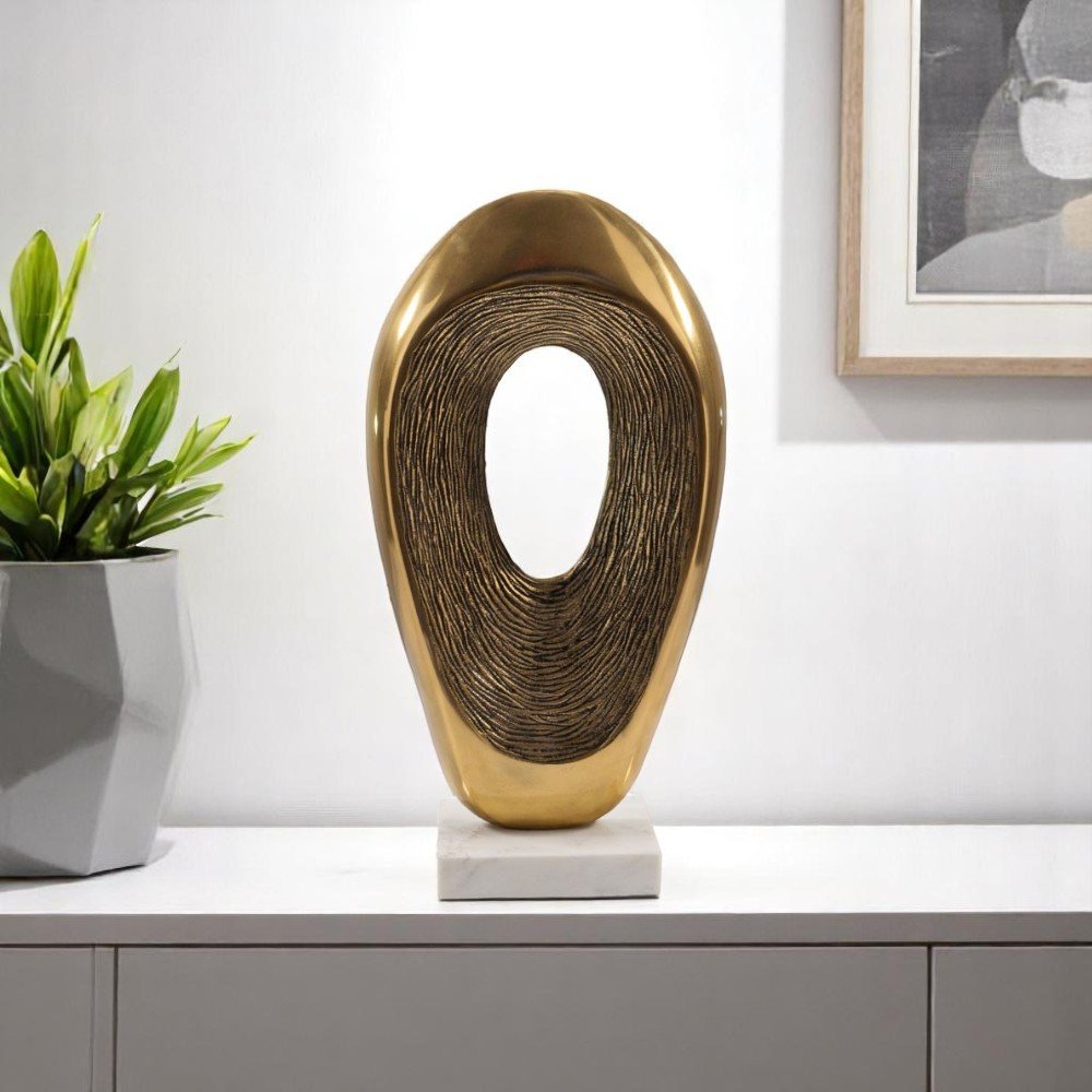 16" Gold And White Aluminum And Marble Abstract Tabletop Sculpture. Sculpture in white metal.