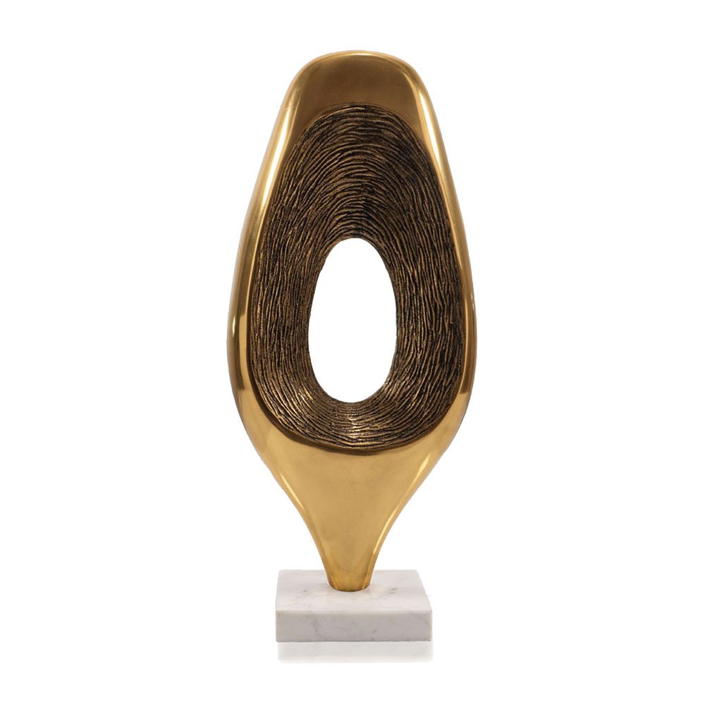 19" Gold And White Aluminum And Marble Abstract Tabletop Sculpture. Sculpture isolated on a plain white background, finished in gold metal.