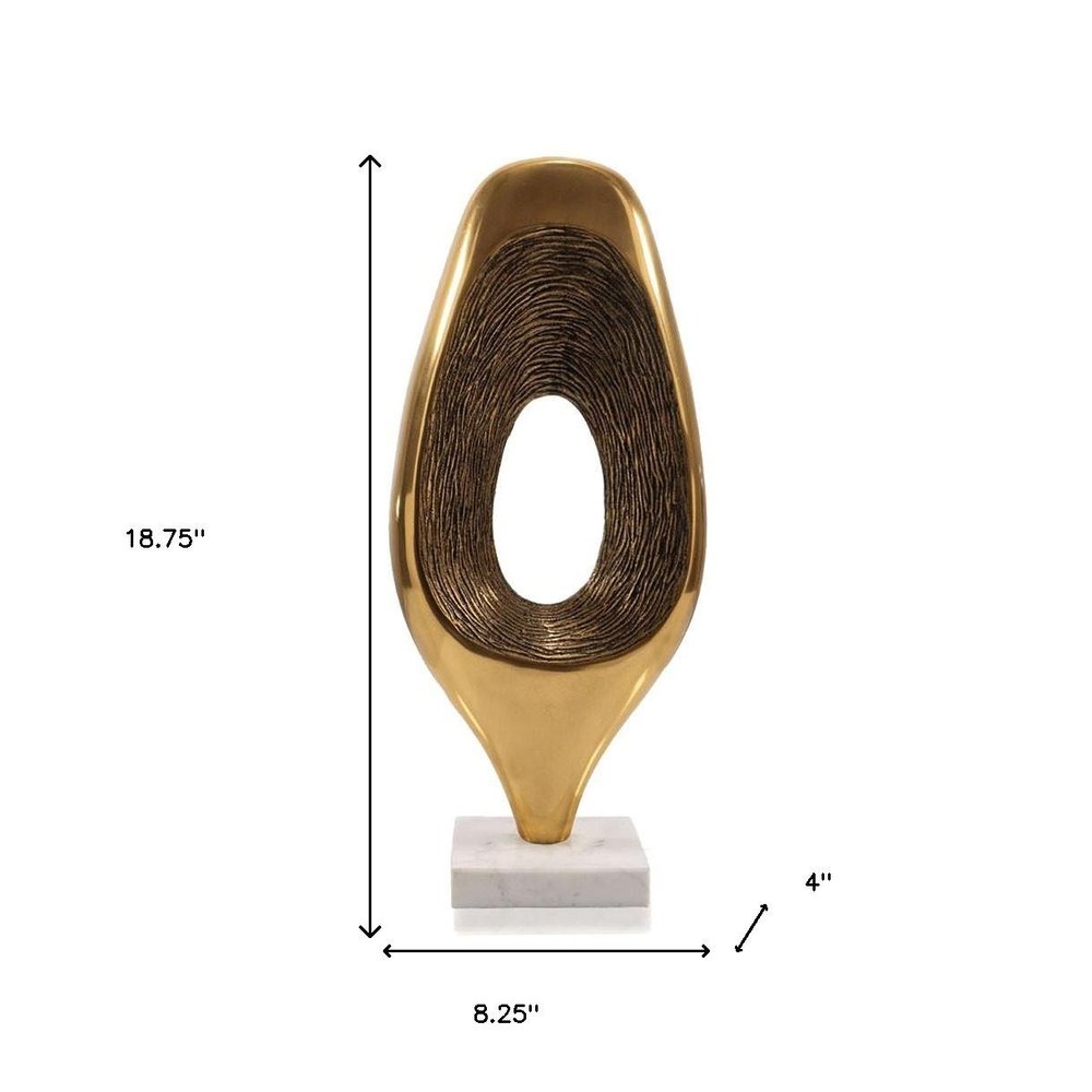19" Gold And White Aluminum And Marble Abstract Tabletop Sculpture. Sculpture isolated on a plain white background, in a gold metal finish.