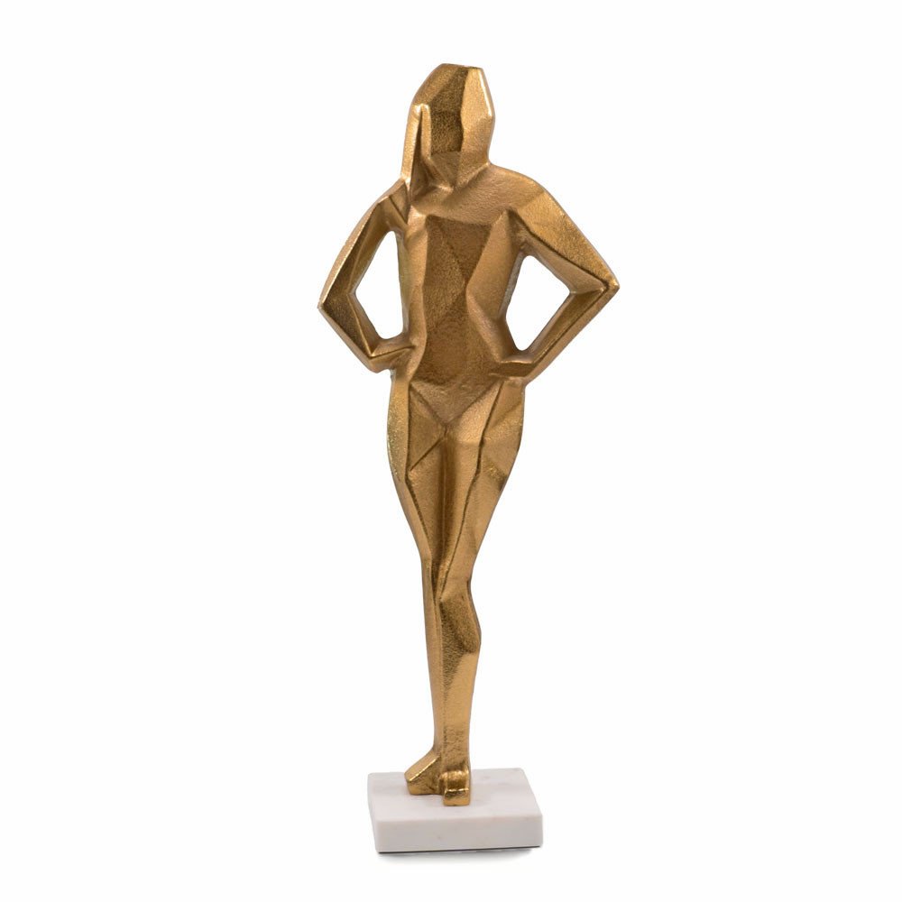 24" Gold And White Aluminum And Marble Woman Tabletop Sculpture. Sculpture isolated on a plain white background, showing a gold metal surface.