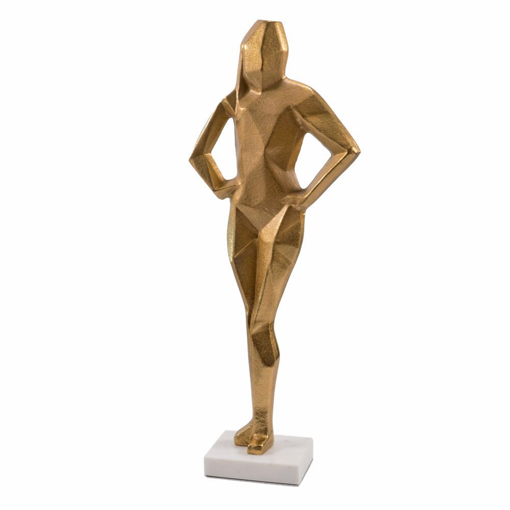 24" Gold And White Aluminum And Marble Woman Tabletop Sculpture. Sculpture isolated on a plain white background, finished in gold metal.