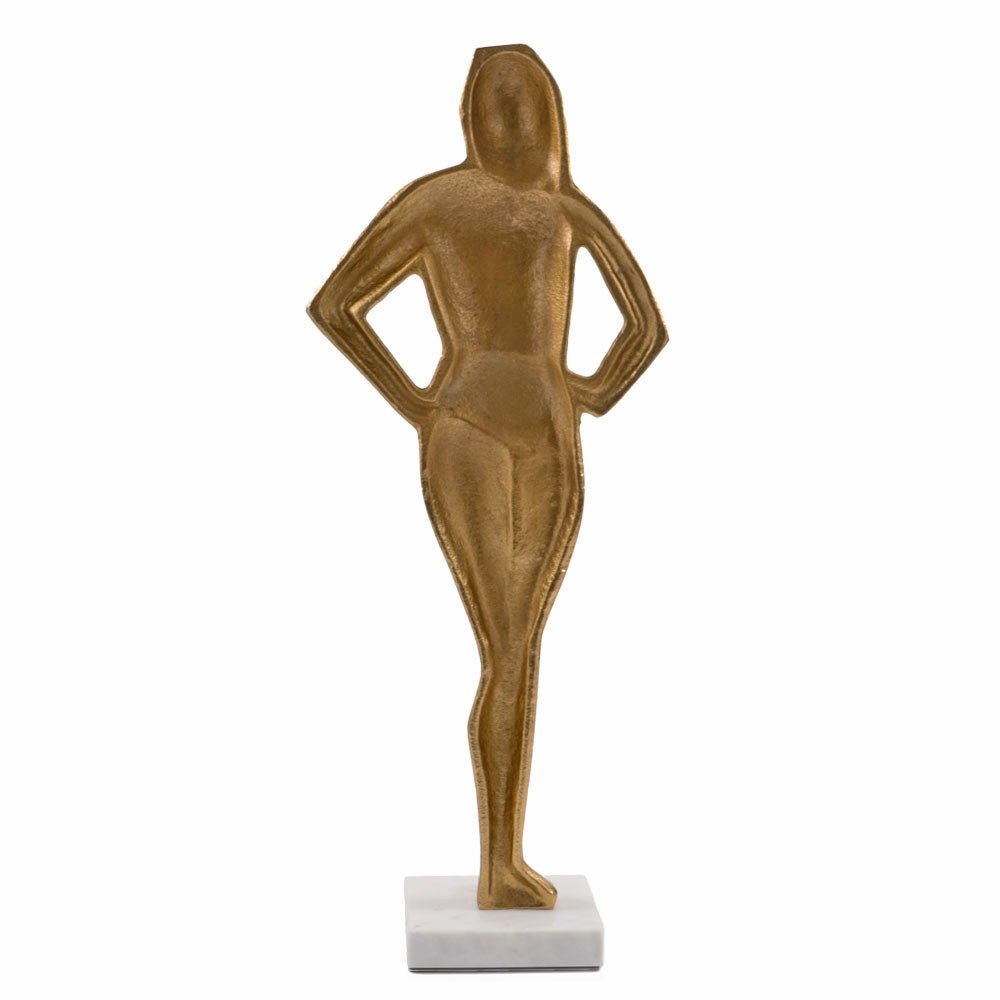 24" Gold And White Aluminum And Marble Woman Tabletop Sculpture. Sculpture isolated on a plain white background, showing a gold metal surface.
