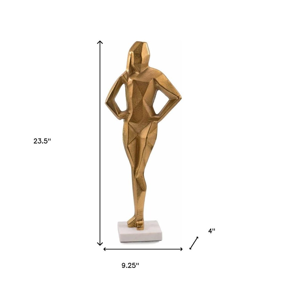 24" Gold And White Aluminum And Marble Woman Tabletop Sculpture. Sculpture isolated on a plain white background, in a gold metal finish.