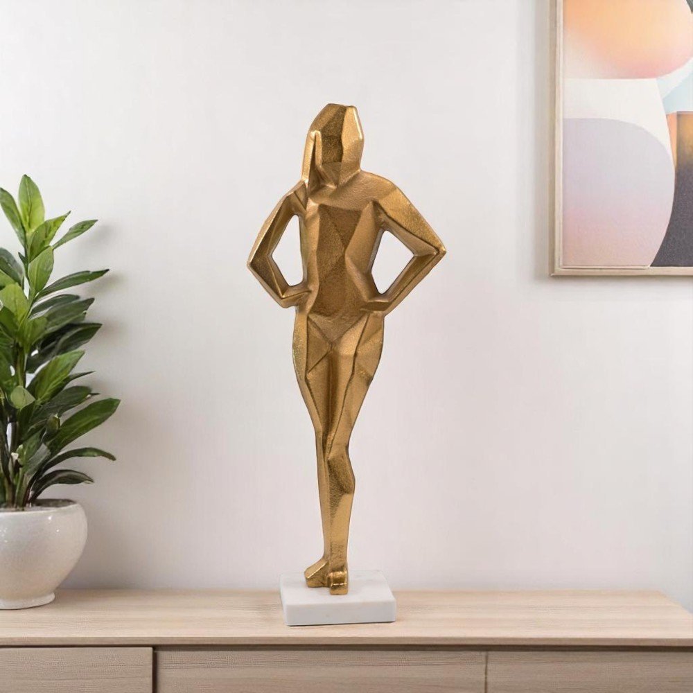 24" Gold And White Aluminum And Marble Woman Tabletop Sculpture. Sculpture in gold metal.
