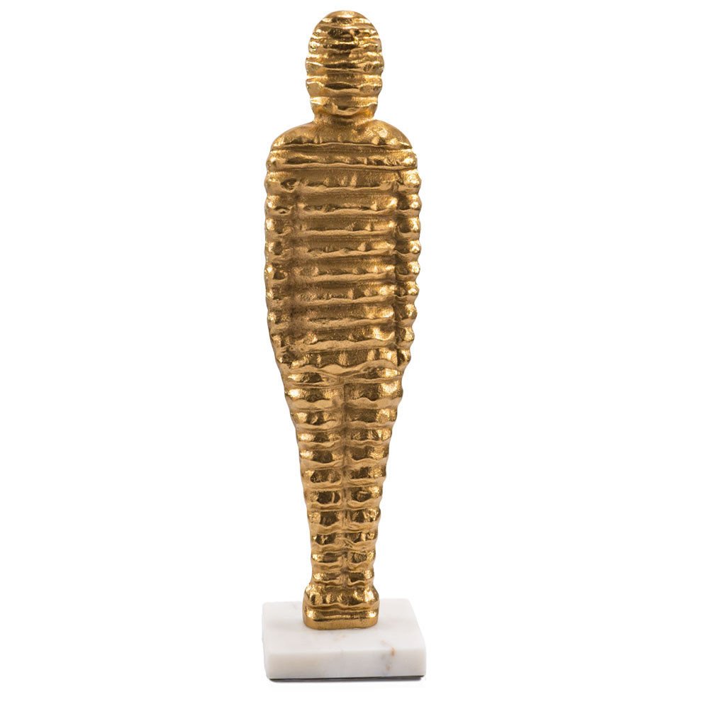 21" Gold And White Aluminum And Marble Mummy Tabletop Sculpture. Sculpture isolated on a plain white background, in a gold metal finish.
