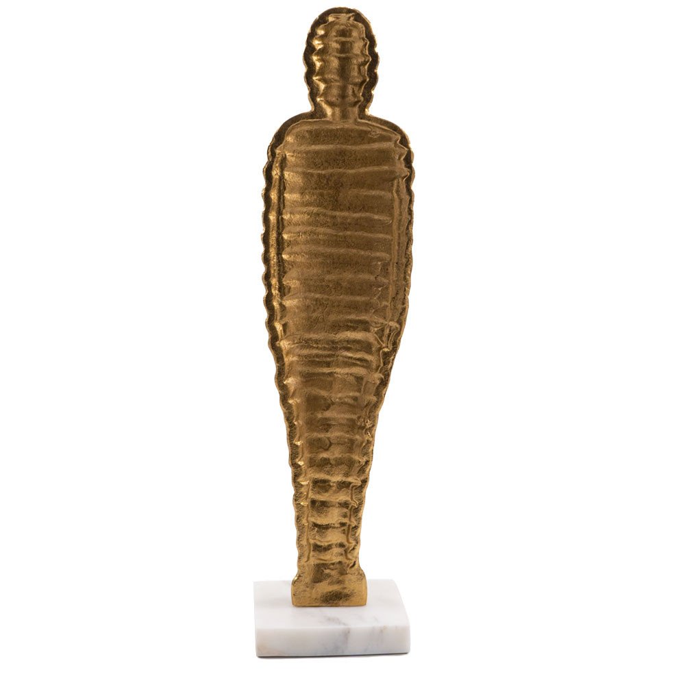 21" Gold And White Aluminum And Marble Mummy Tabletop Sculpture. Sculpture isolated on a plain white background, finished in gold metal.