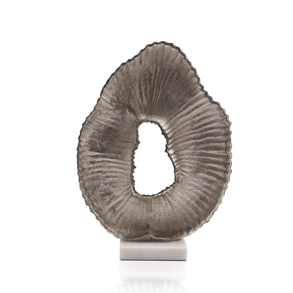 17" Silver And White Aluminum And Marble Tabletop Sculpture. Sculpture isolated on a plain white background, finished in silver metal.