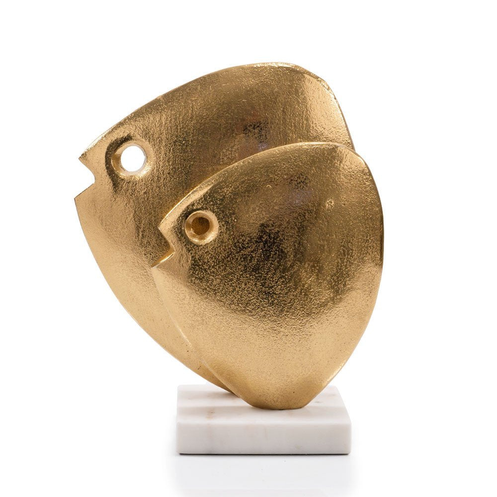 11" Gold And White Aluminum And Marble Fishes Tabletop Sculpture. Sculpture isolated on a plain white background, in a gold metal finish.