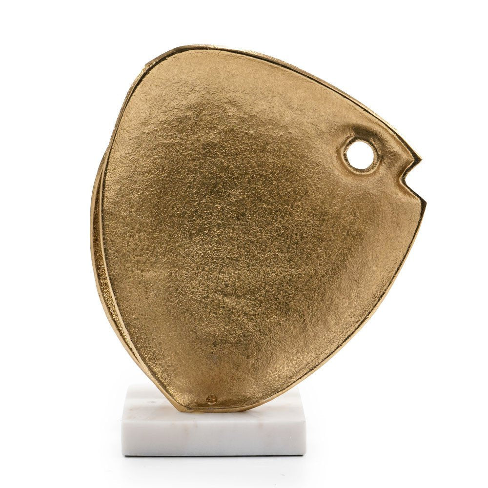 11" Gold And White Aluminum And Marble Fishes Tabletop Sculpture. Sculpture isolated on a plain white background, finished in gold metal.