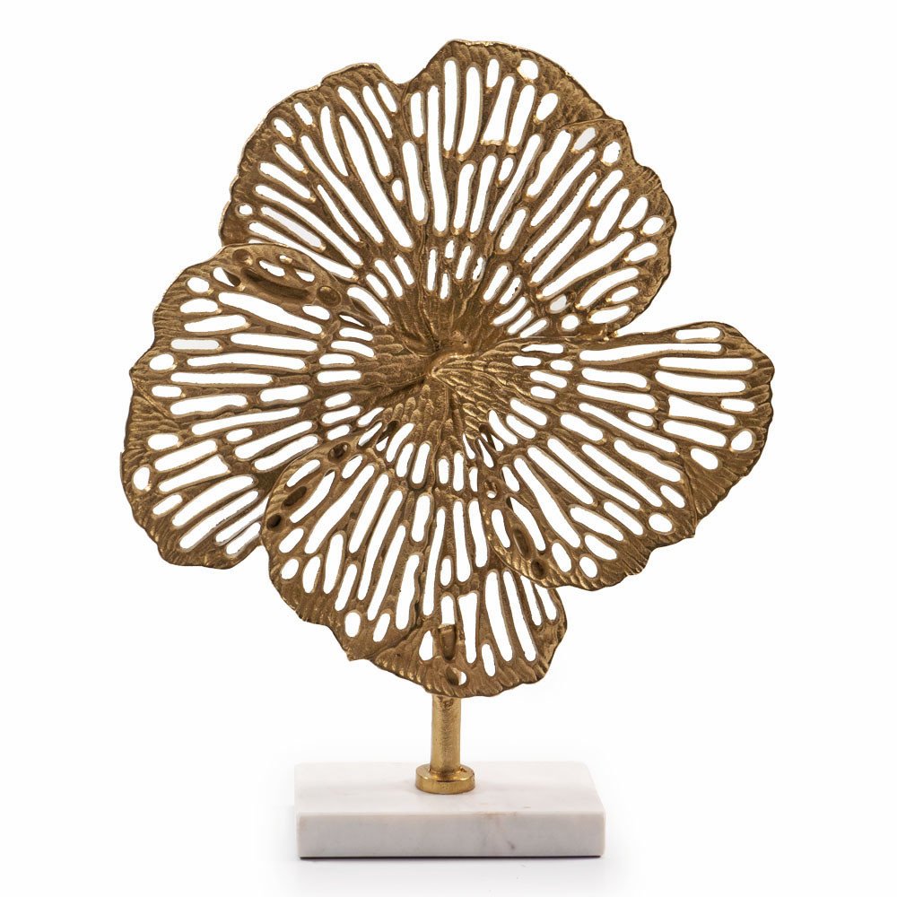 18" Antiqued Gold And White Aluminum And Marble Flowers Abstract Tabletop Sculpture. Sculpture isolated on a plain white background, finished in gold metal.