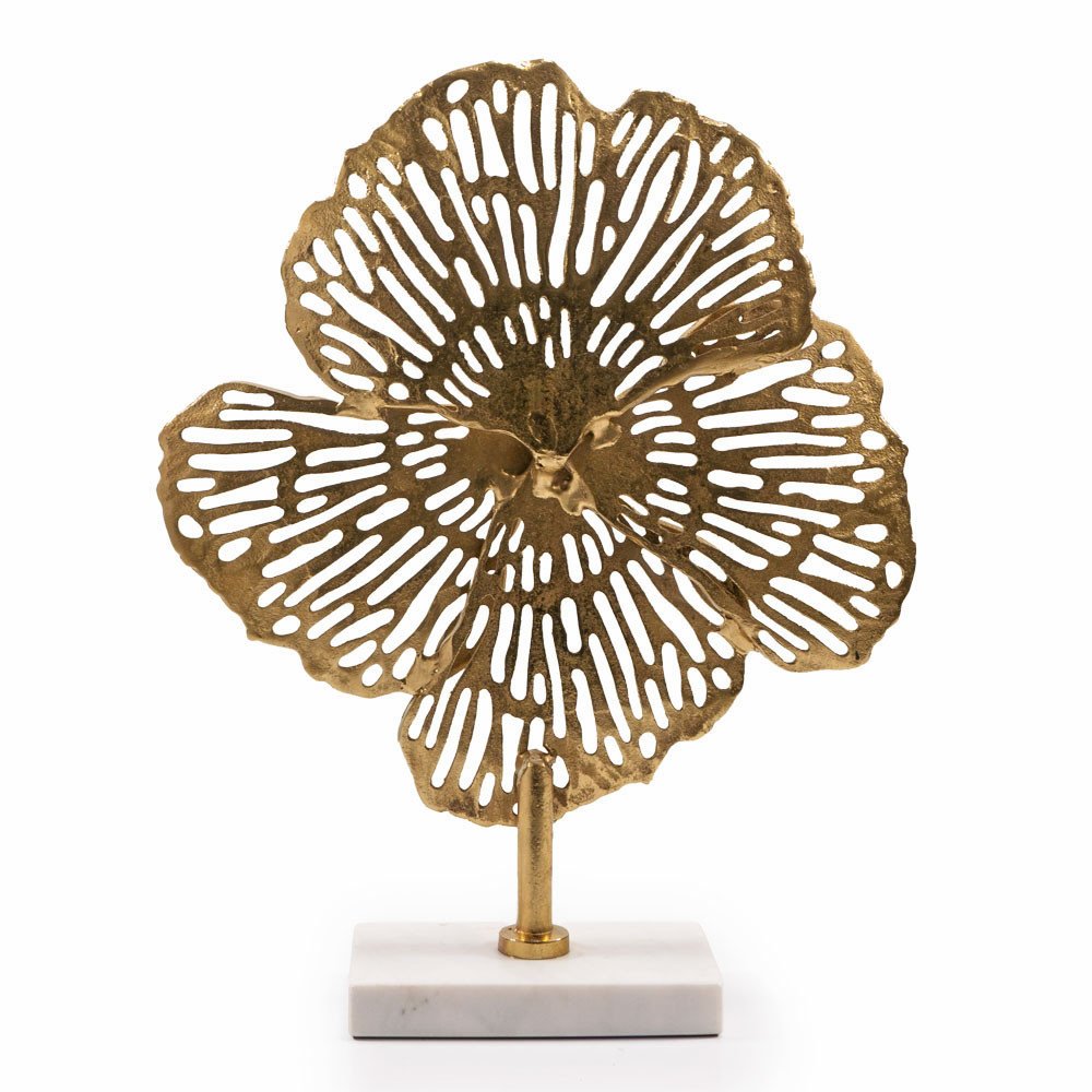 18" Antiqued Gold And White Aluminum And Marble Flowers Abstract Tabletop Sculpture. Sculpture isolated on a plain white background, showing a gold metal surface.