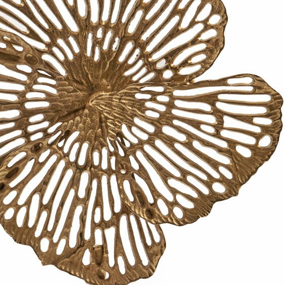 18" Antiqued Gold And White Aluminum And Marble Flowers Abstract Tabletop Sculpture. Sculpture isolated on a plain white background, finished in gold metal.