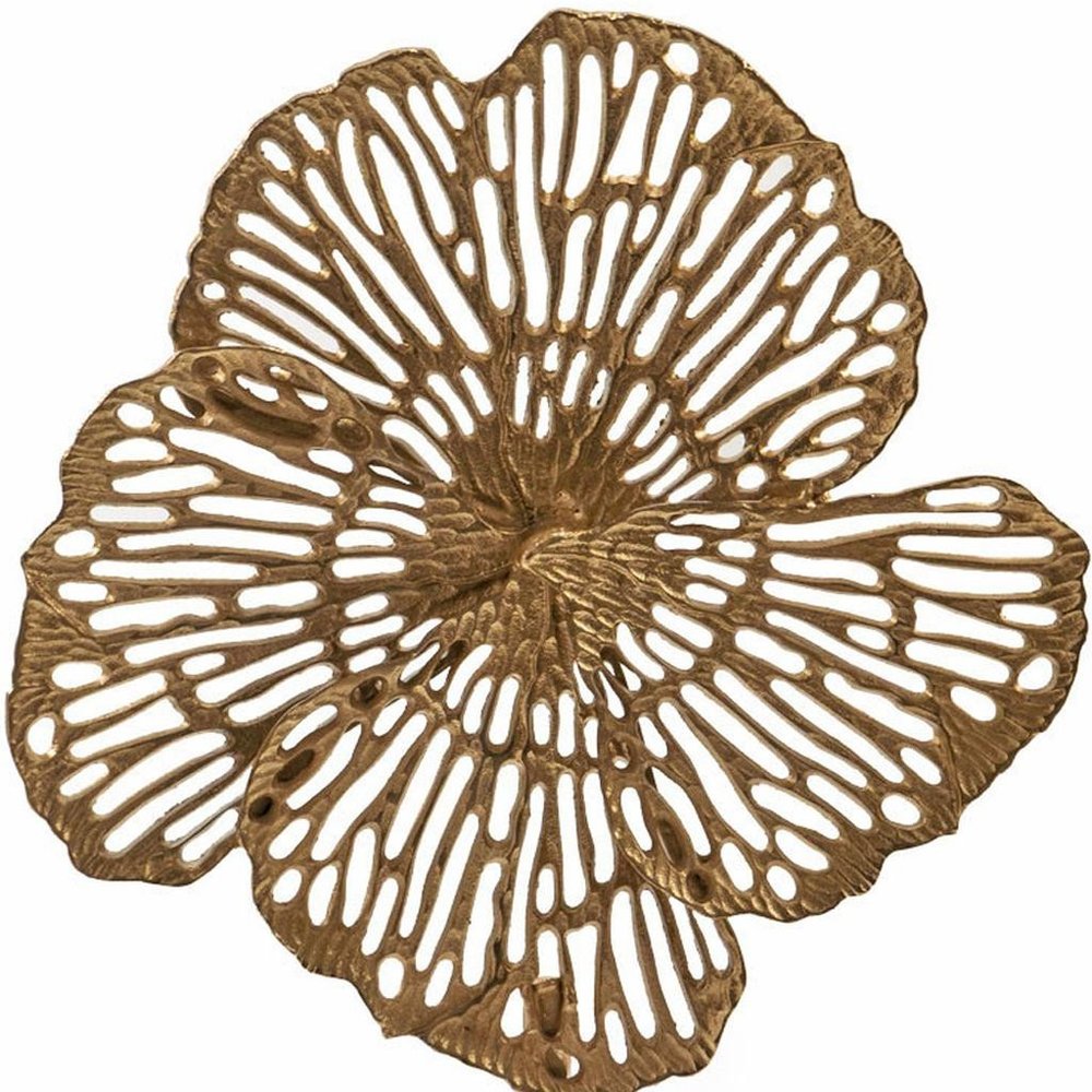 18" Antiqued Gold And White Aluminum And Marble Flowers Abstract Tabletop Sculpture. Sculpture isolated on a plain white background, showing a gold metal surface.