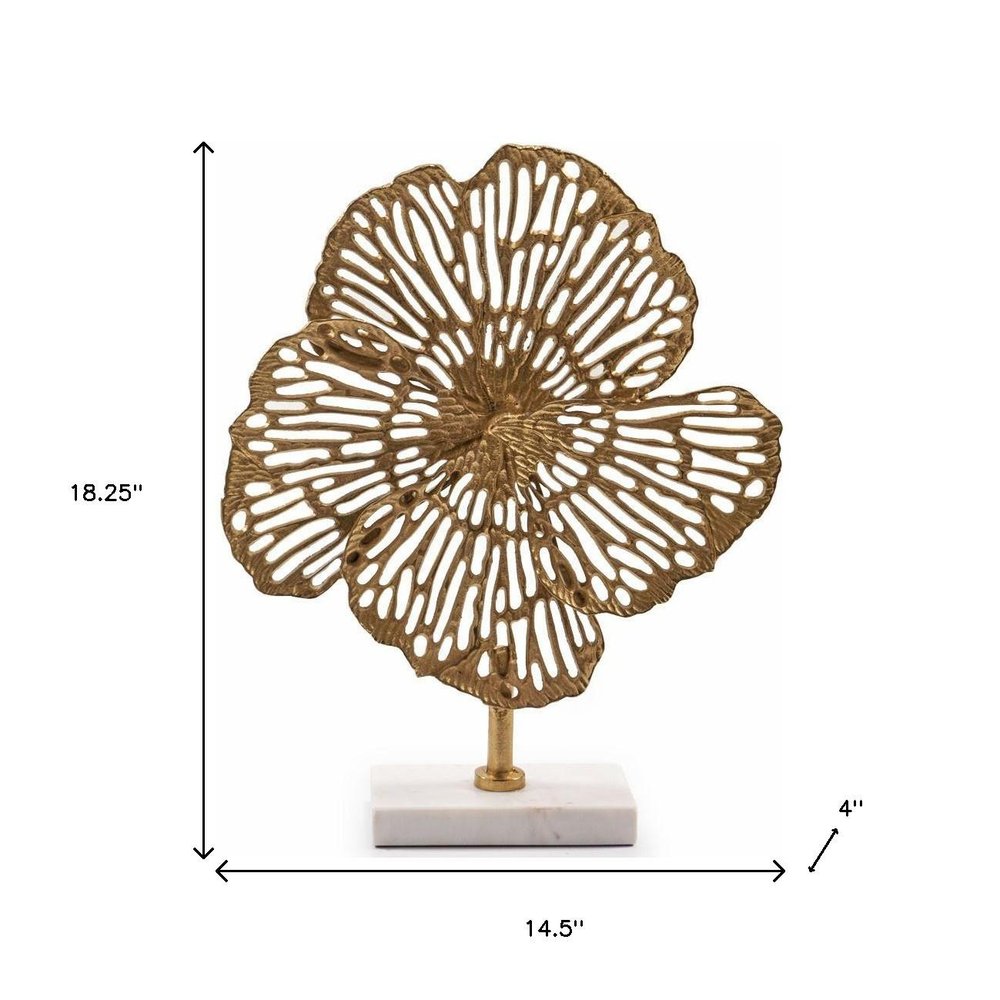 18" Antiqued Gold And White Aluminum And Marble Flowers Abstract Tabletop Sculpture. Sculpture isolated on a plain white background, finished in gold metal.
