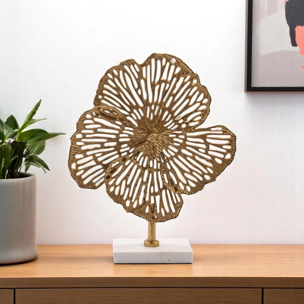 18" Antiqued Gold And White Aluminum And Marble Flowers Abstract Tabletop Sculpture. Sculpture in gold metal.