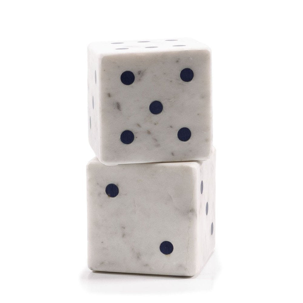 Set of Two White Marble Hand Painted Dice Tabletop Sculpture on a white background