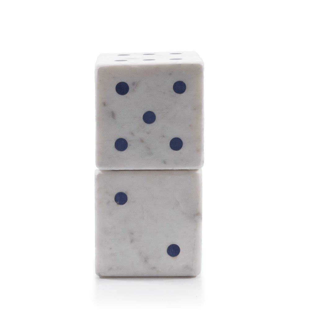 Set of Two White Marble Hand Painted Dice Tabletop Sculpture on a white background