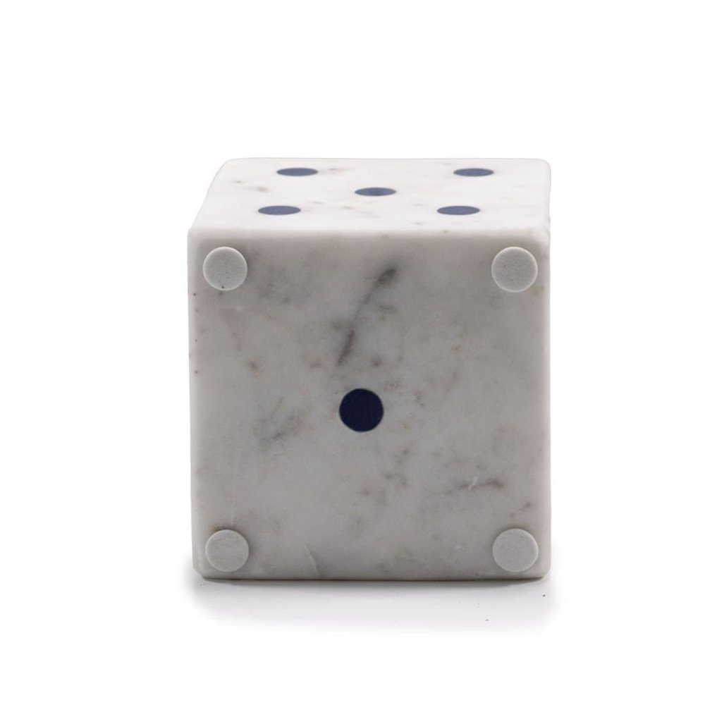 Set of Two White Marble Hand Painted Dice Tabletop Sculpture on a white background