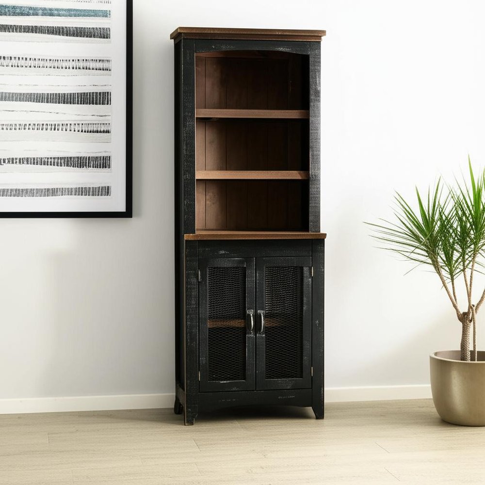 72" Brown and Black Distressed Wood Dining Hutch With Two Doors on a white background