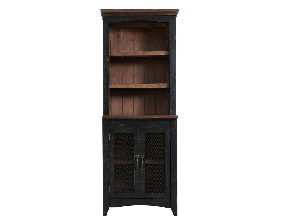 A tall, narrow, distressed black and brown wood dining hutch with three open shelves and two mesh-covered cabinet doors below.