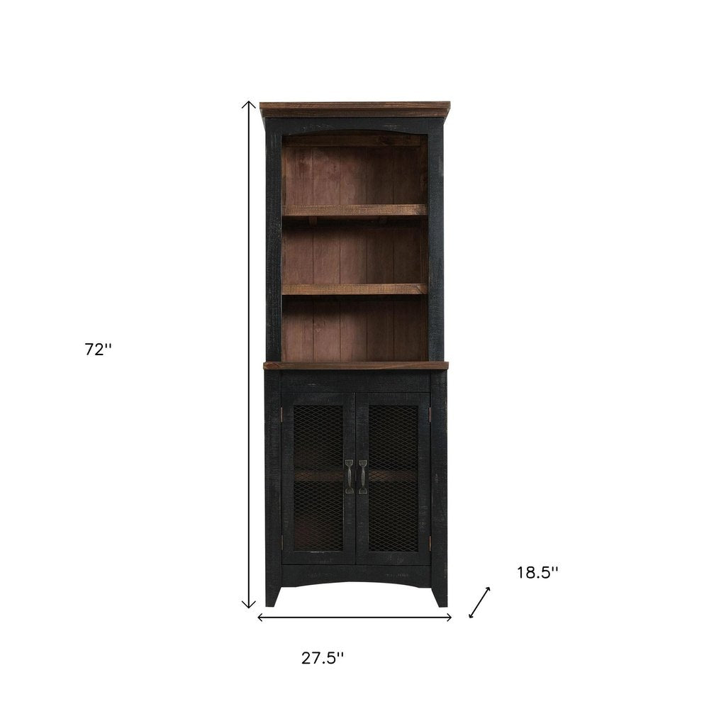 72" Brown and Black Distressed Wood Dining Hutch With Two Doors on a white background