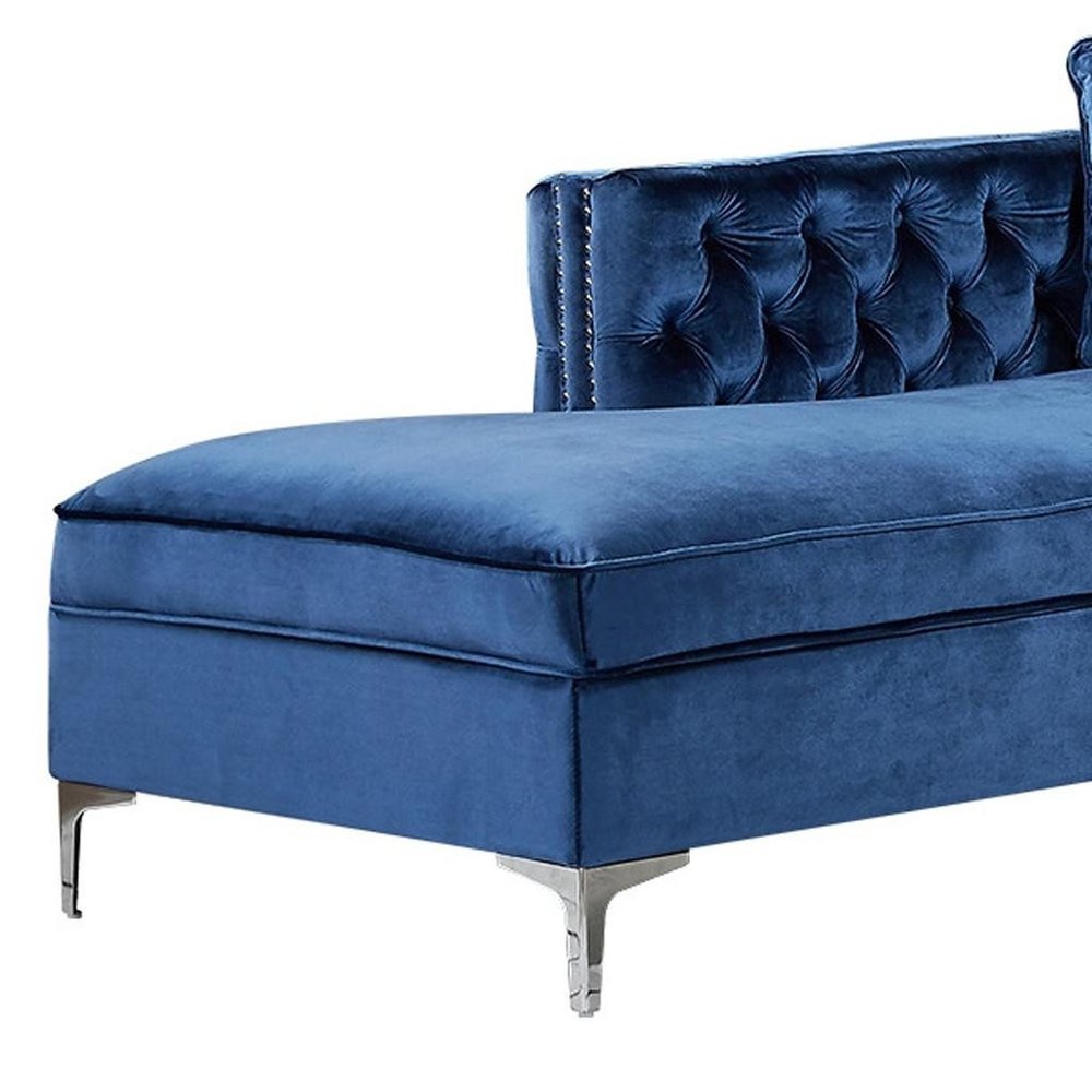 Navy Blue Velvet Rectangular Sofa and Chaise Sectional With Toss Pillows on a white background