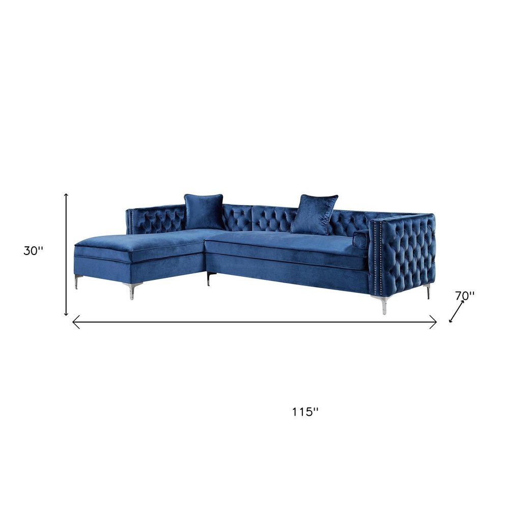 Navy Blue Velvet Rectangular Sofa and Chaise Sectional With Toss Pillows on a white background