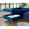 Navy Blue Velvet Rectangular Sofa and Chaise Sectional With Toss Pillows on a white background