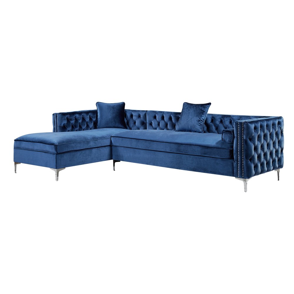 Navy Blue Velvet Rectangular Sofa and Chaise Sectional With Toss Pillows on a white background