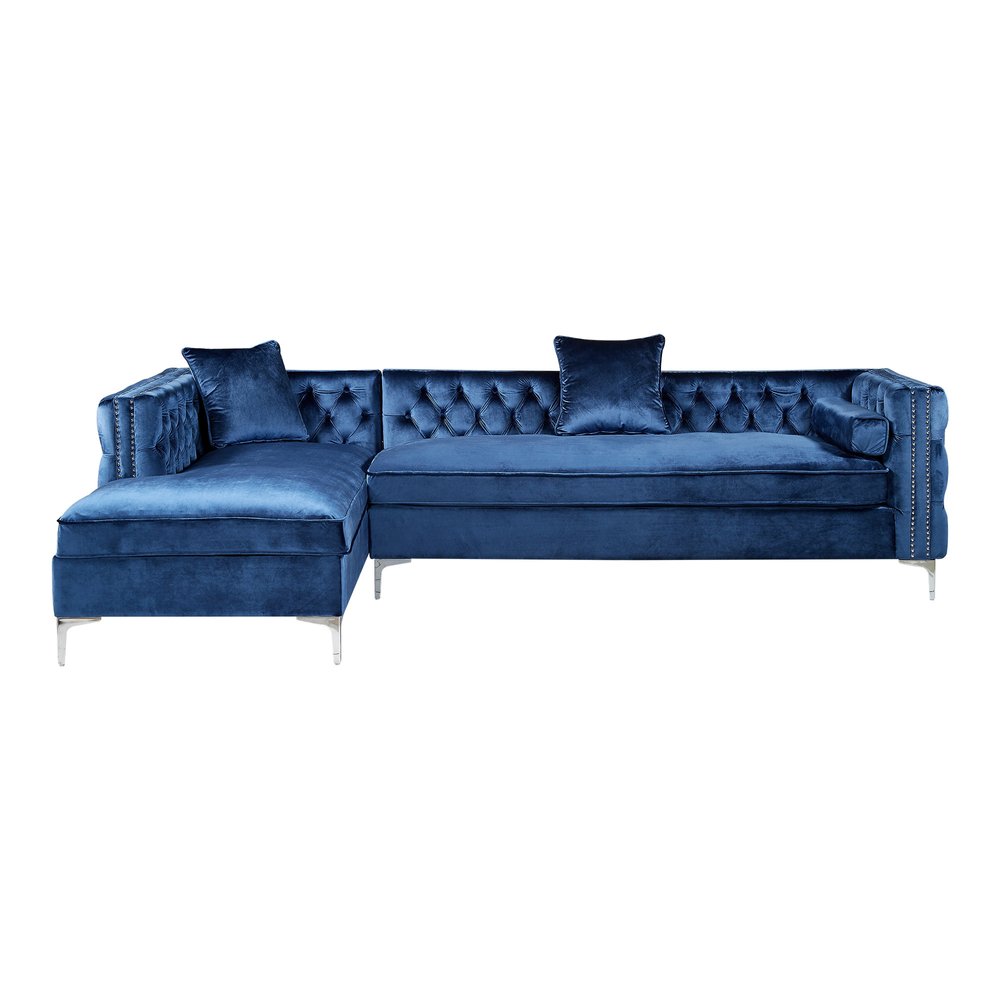 Navy Blue Velvet Rectangular Sofa and Chaise Sectional With Toss Pillows on a white background