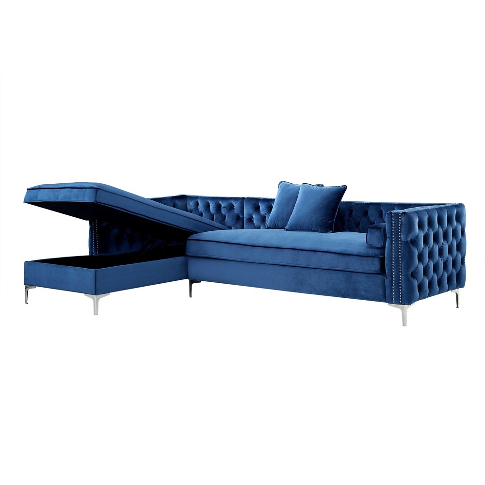 Navy Blue Velvet Rectangular Sofa and Chaise Sectional With Toss Pillows on a white background
