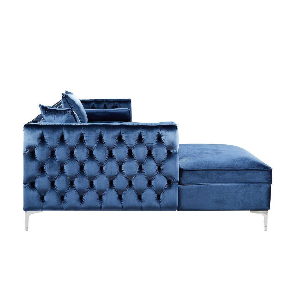 Navy Blue Velvet Rectangular Sofa and Chaise Sectional With Toss Pillows on a white background