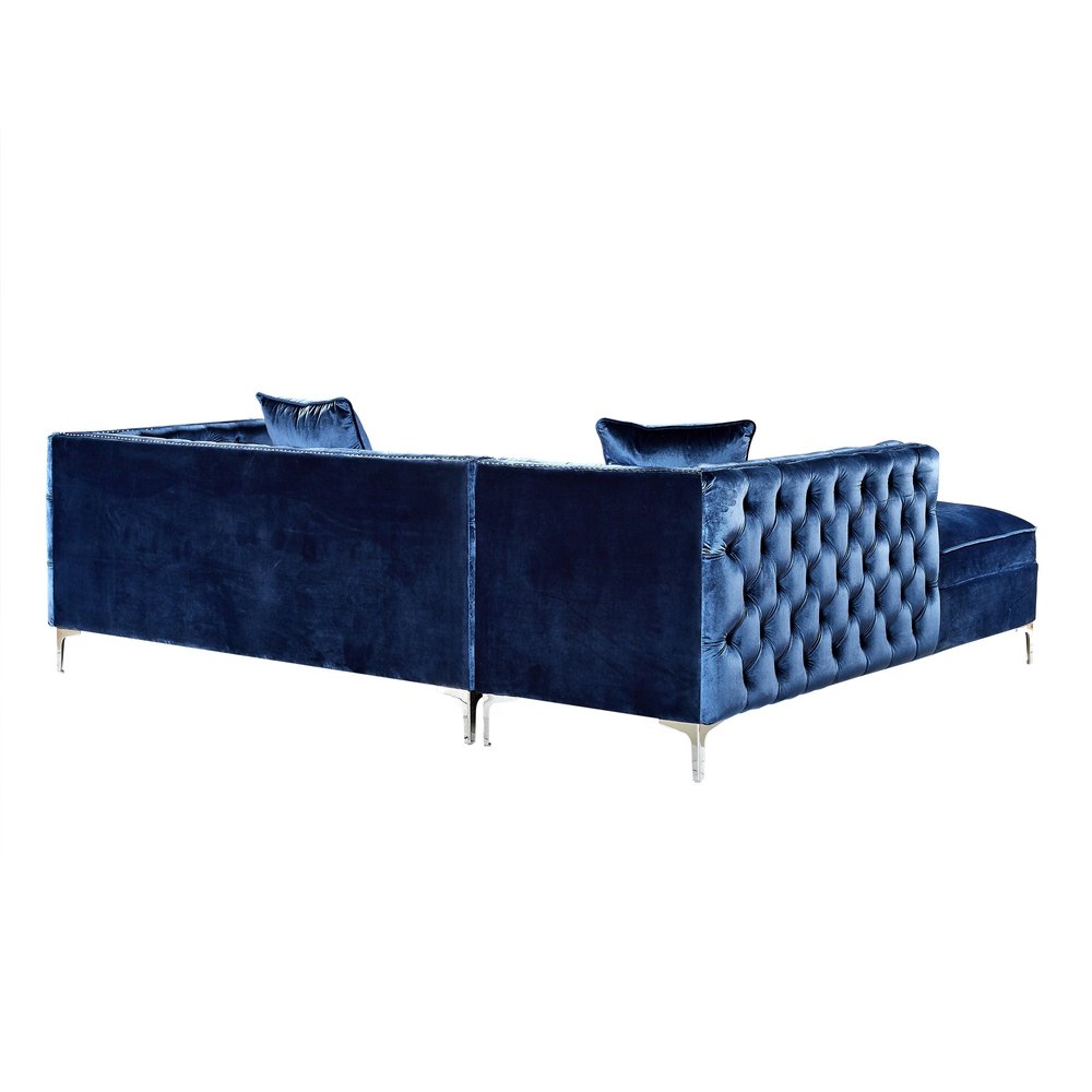 Navy Blue Velvet Rectangular Sofa and Chaise Sectional With Toss Pillows on a white background