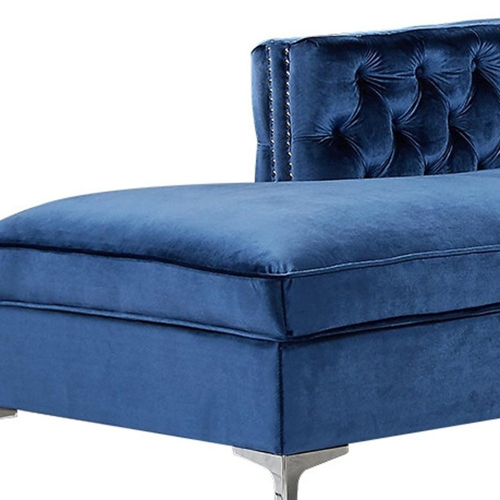 Navy Blue Velvet Rectangular Sofa and Chaise Sectional With Toss Pillows on a white background
