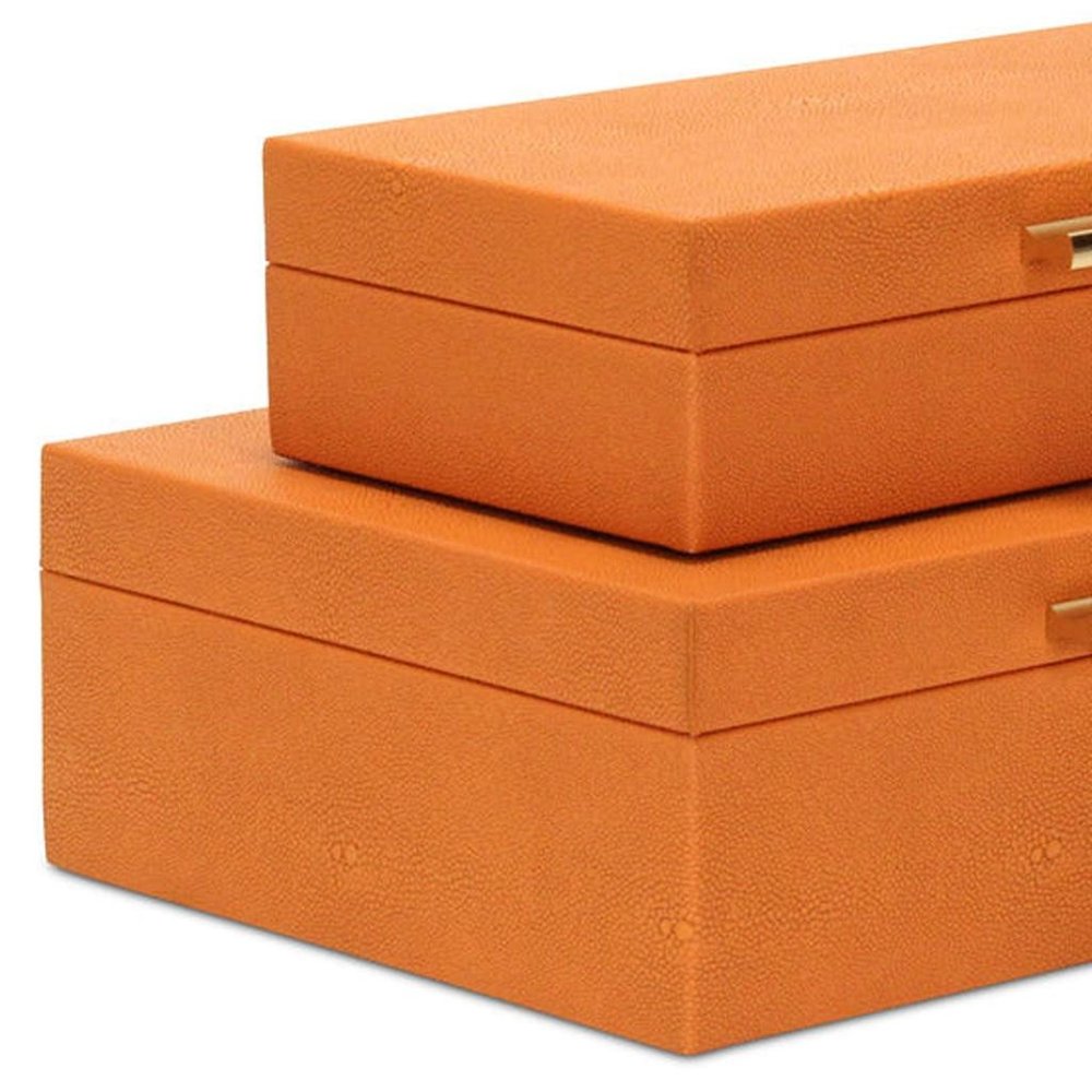 Set Of Two Orange Faux Shagreen Jewelry Boxes With Decorative Hardware on a white background