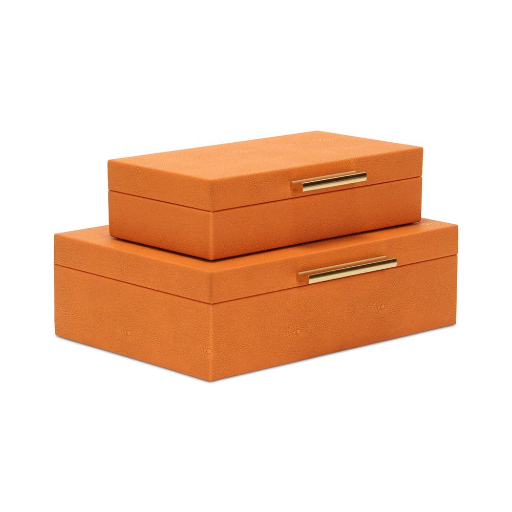 Set Of Two Orange Faux Shagreen Jewelry Boxes With Decorative Hardware on a white background