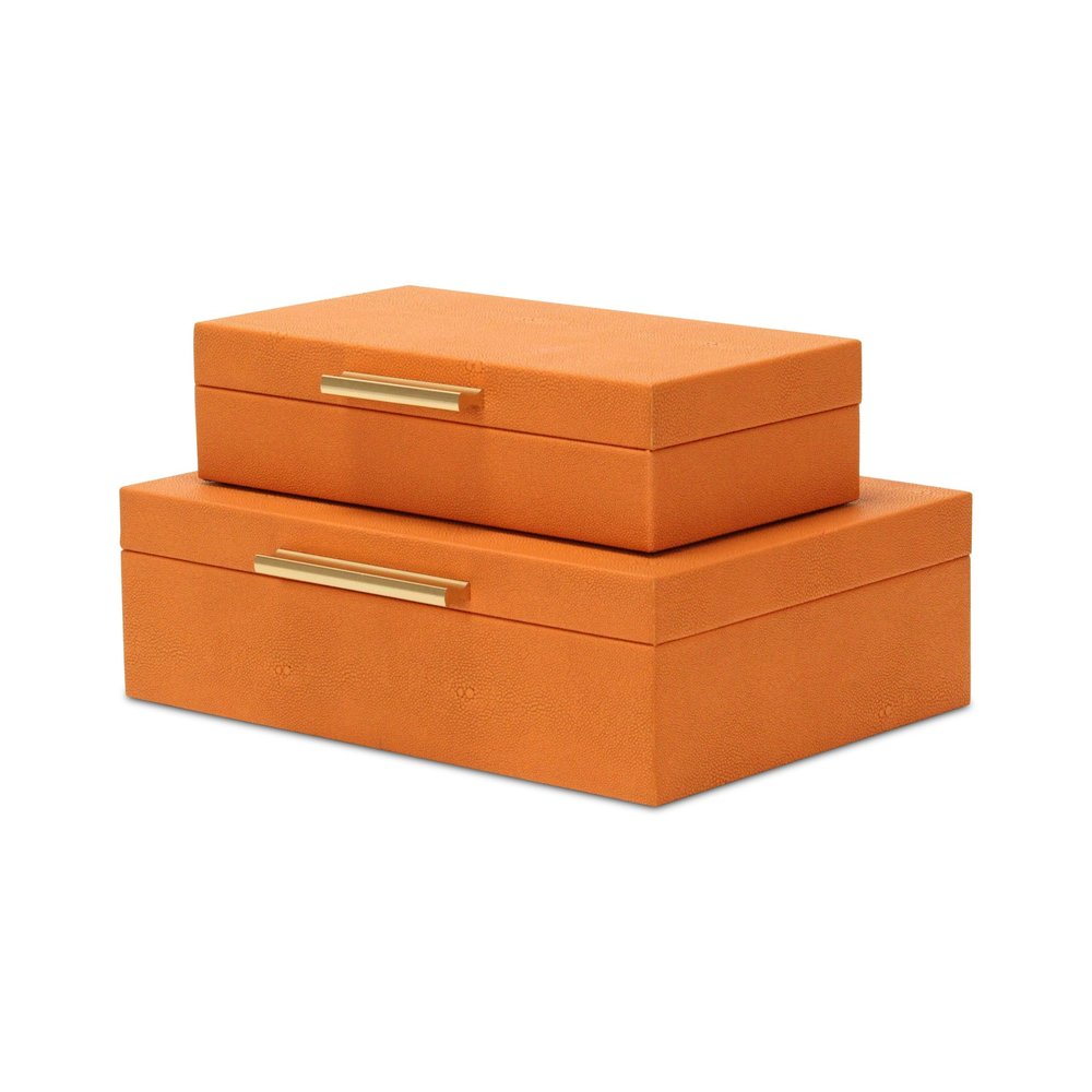 Set Of Two Orange Faux Shagreen Jewelry Boxes With Decorative Hardware on a white background