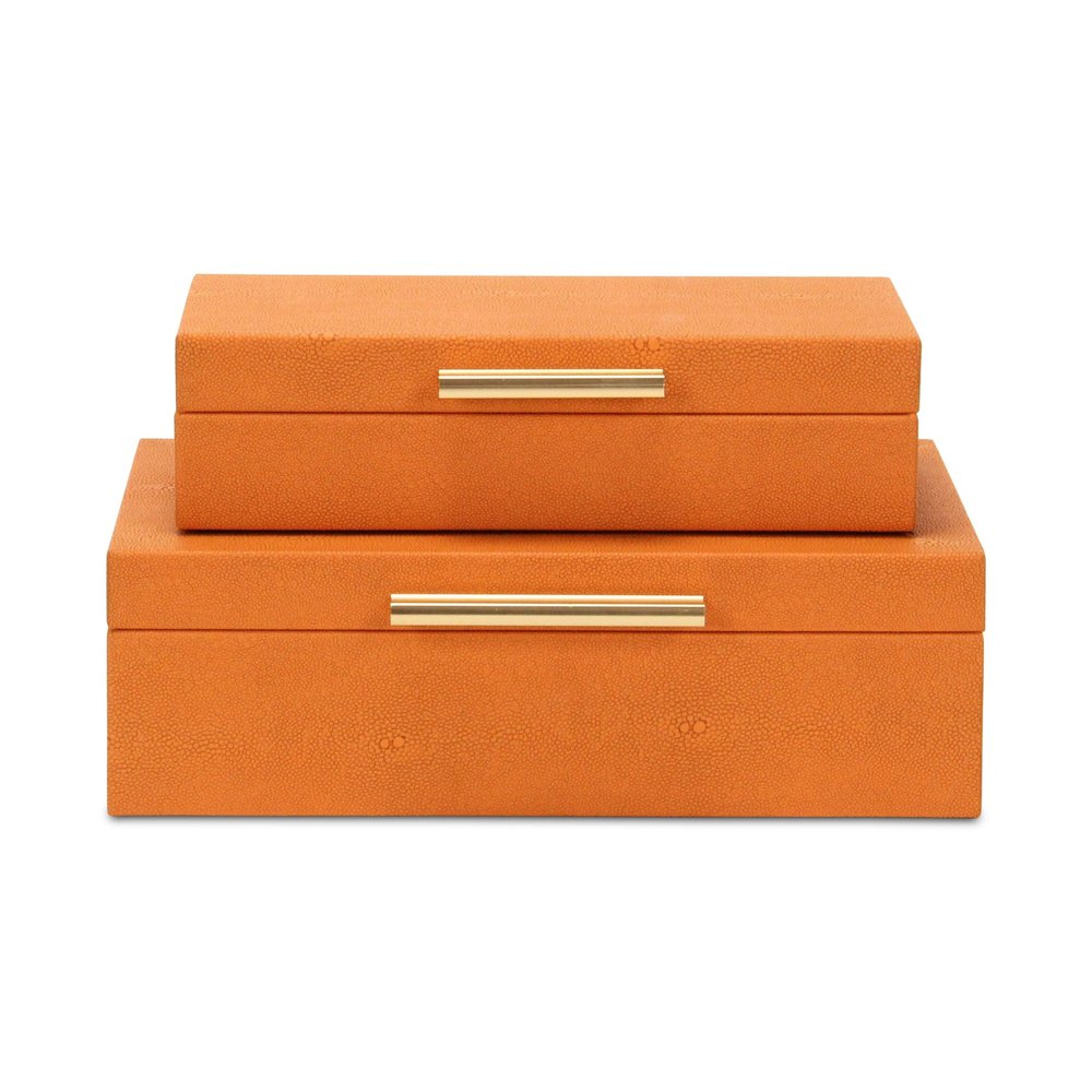 Set Of Two Orange Faux Shagreen Jewelry Boxes With Decorative Hardware on a white background