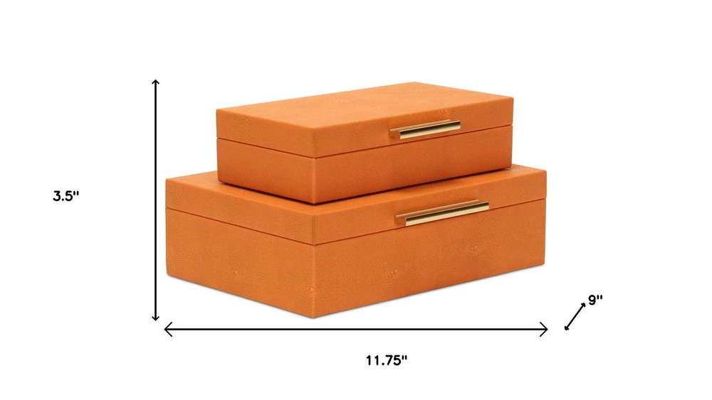 Set Of Two Orange Faux Shagreen Jewelry Boxes With Decorative Hardware on a white background