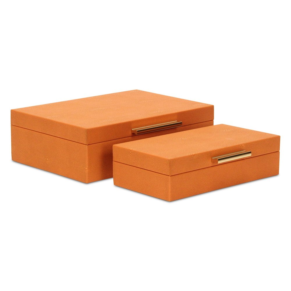 Set Of Two Orange Faux Shagreen Jewelry Boxes With Decorative Hardware on a white background