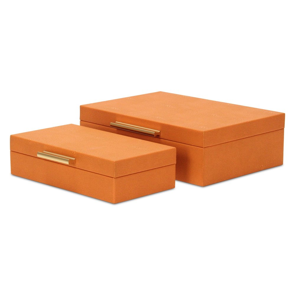 Set Of Two Orange Faux Shagreen Jewelry Boxes With Decorative Hardware on a white background