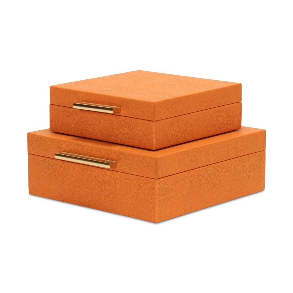 Set Of Two Orange Faux Shagreen Jewelry Boxes With Decorative Hardware - with Two Beautifully on a white background